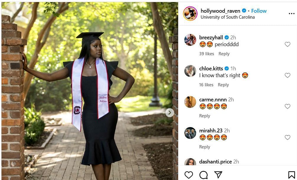 Bree Hall hails former South Carolina teammate Raven Johnson's graduation photos on IG. Image via @hollywood_raven
